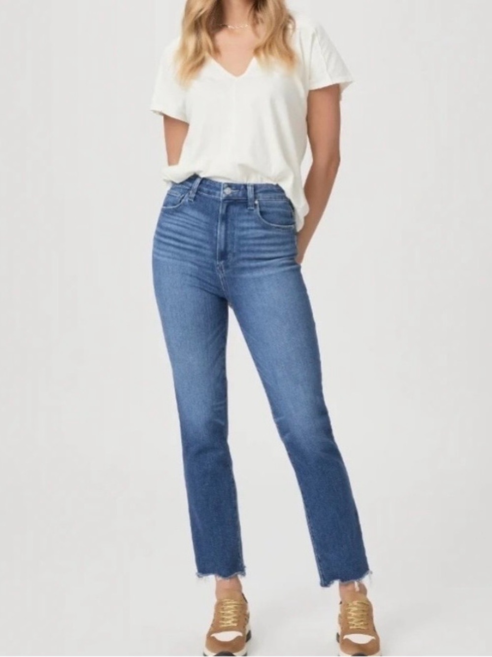 Paige Cindy Jeans Womens 31 Medium Wash Stretch High Rise Cropped Raw Hem